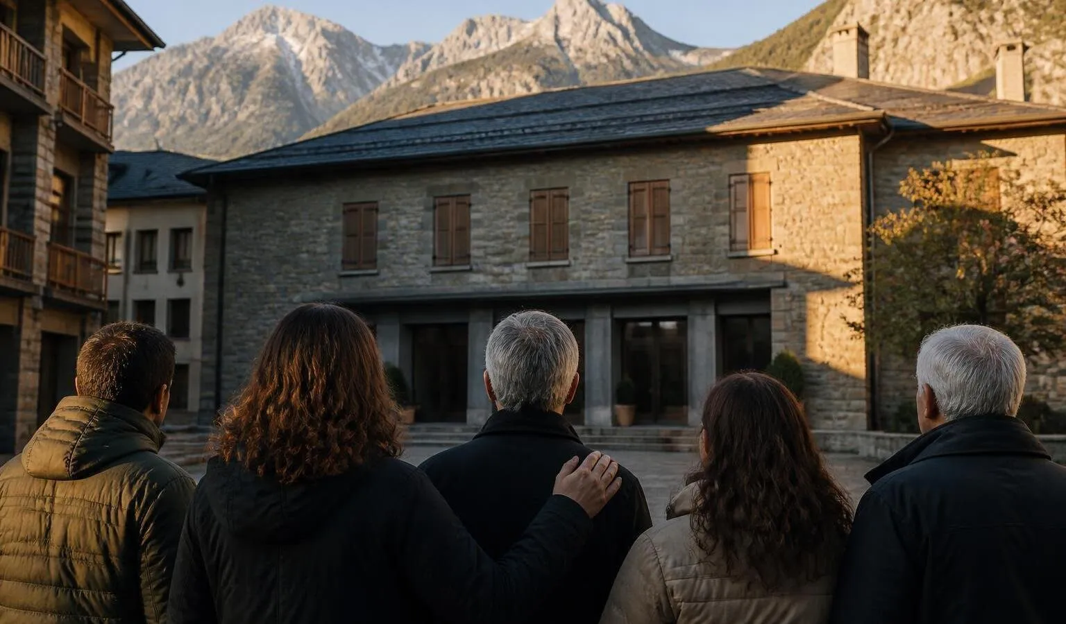 Andorrans davant un edifici de pedra amb les muntanyes al fons